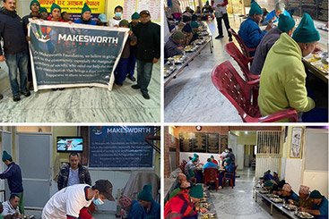 Serving food to a group of homeless and elderly individuals in need of support